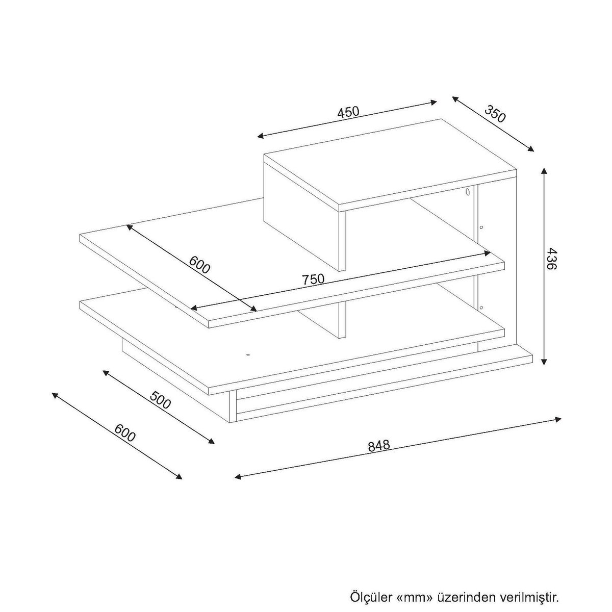 Table basse 2 niveaux et 1 étagère design scandinave VENÜS marron, TOILINUX