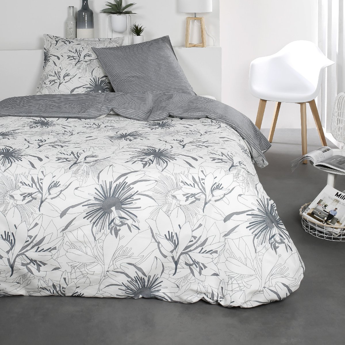 Parure de lit 2 personnes imprimé floral coton SUNSHINE KAIS blanc, TODAY