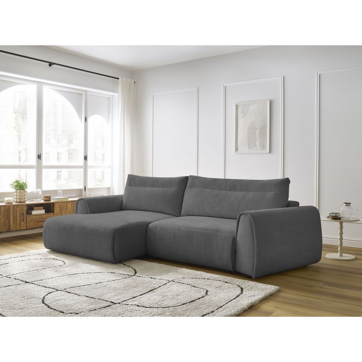 Canapé d'angle fixe incurvé 3 places tissu lisse, ADEN gris foncé, BOBOCHIC