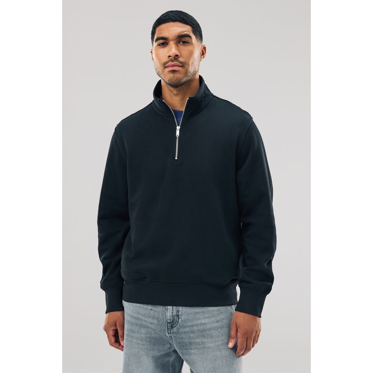 Sweat en jersey de coton à col zippé noir, NEXT