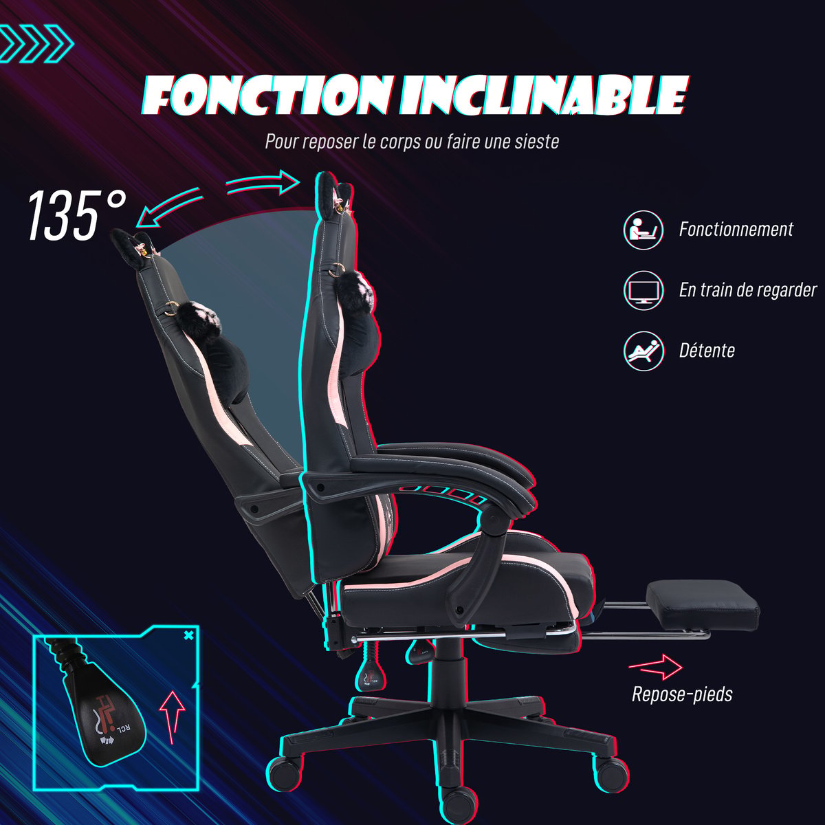 Fauteuil de gaming Plastique Noir noir et rose, HOMCOM