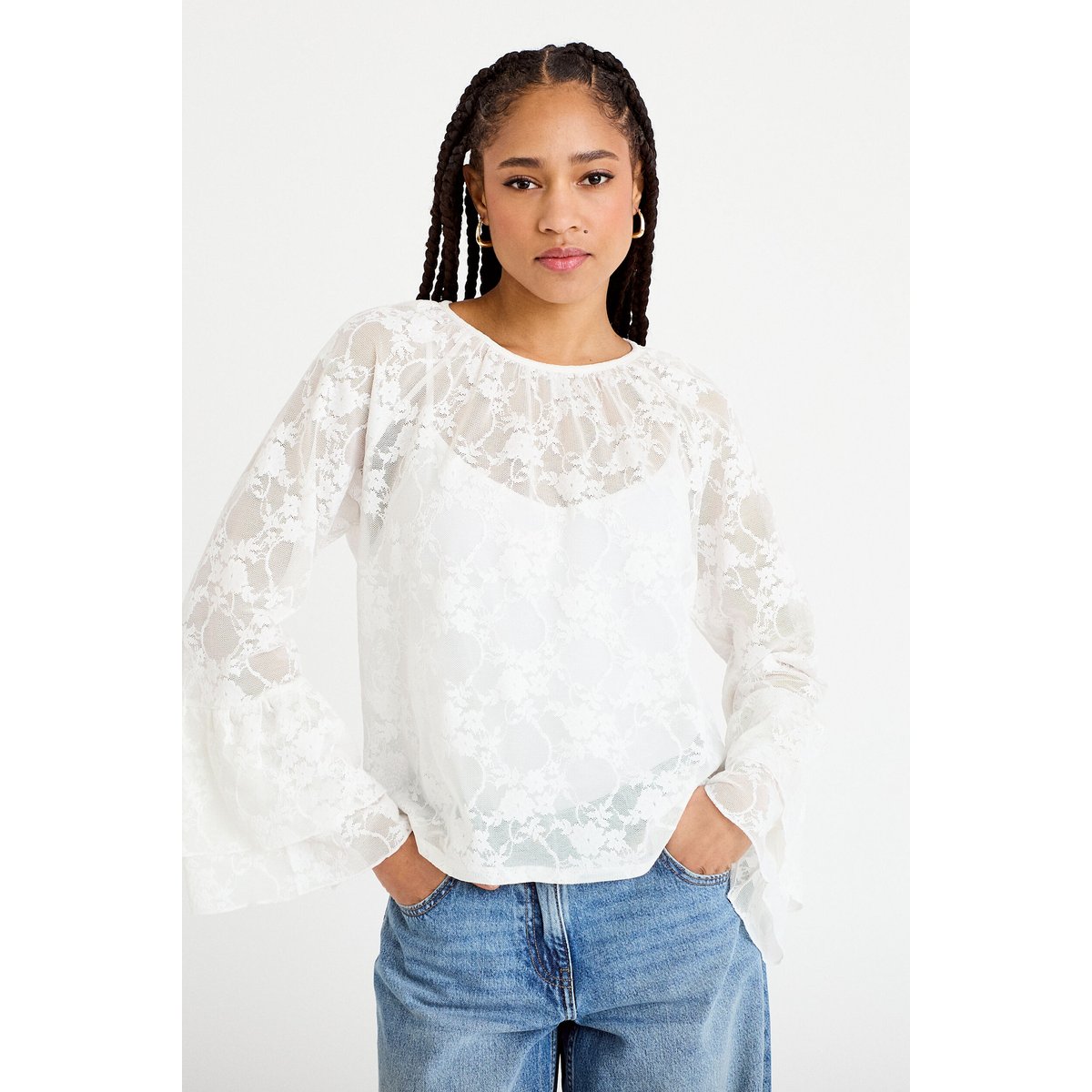 Blouse col rond manches longues dentelle ecru, CACHE CACHE
