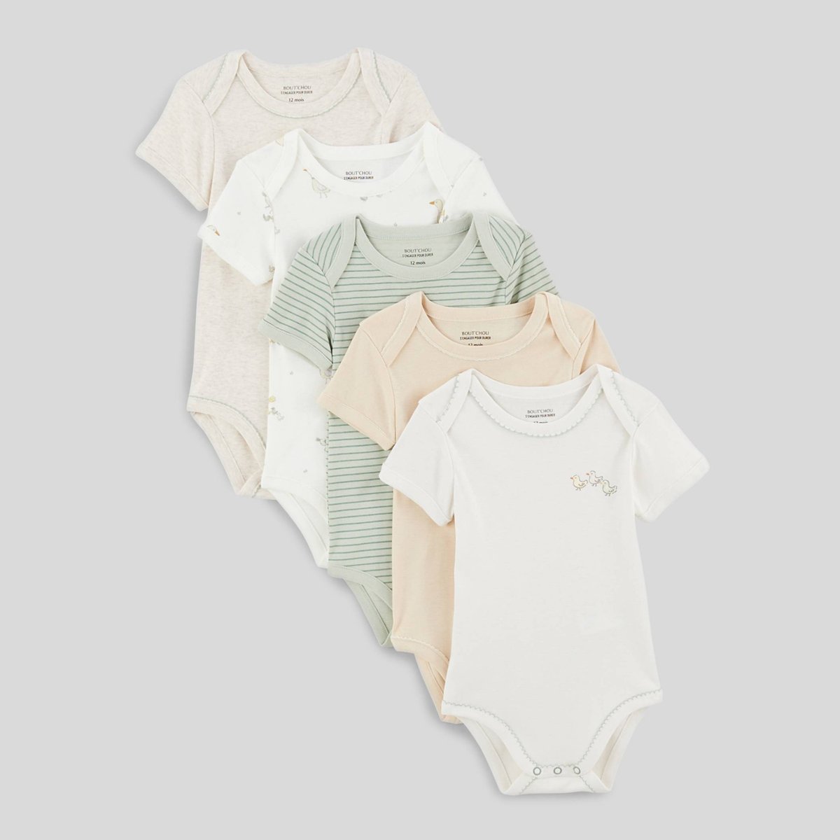 Lot de 5 bodies manches courtes imprimé en coton BIO ecru, BOUT'CHOU