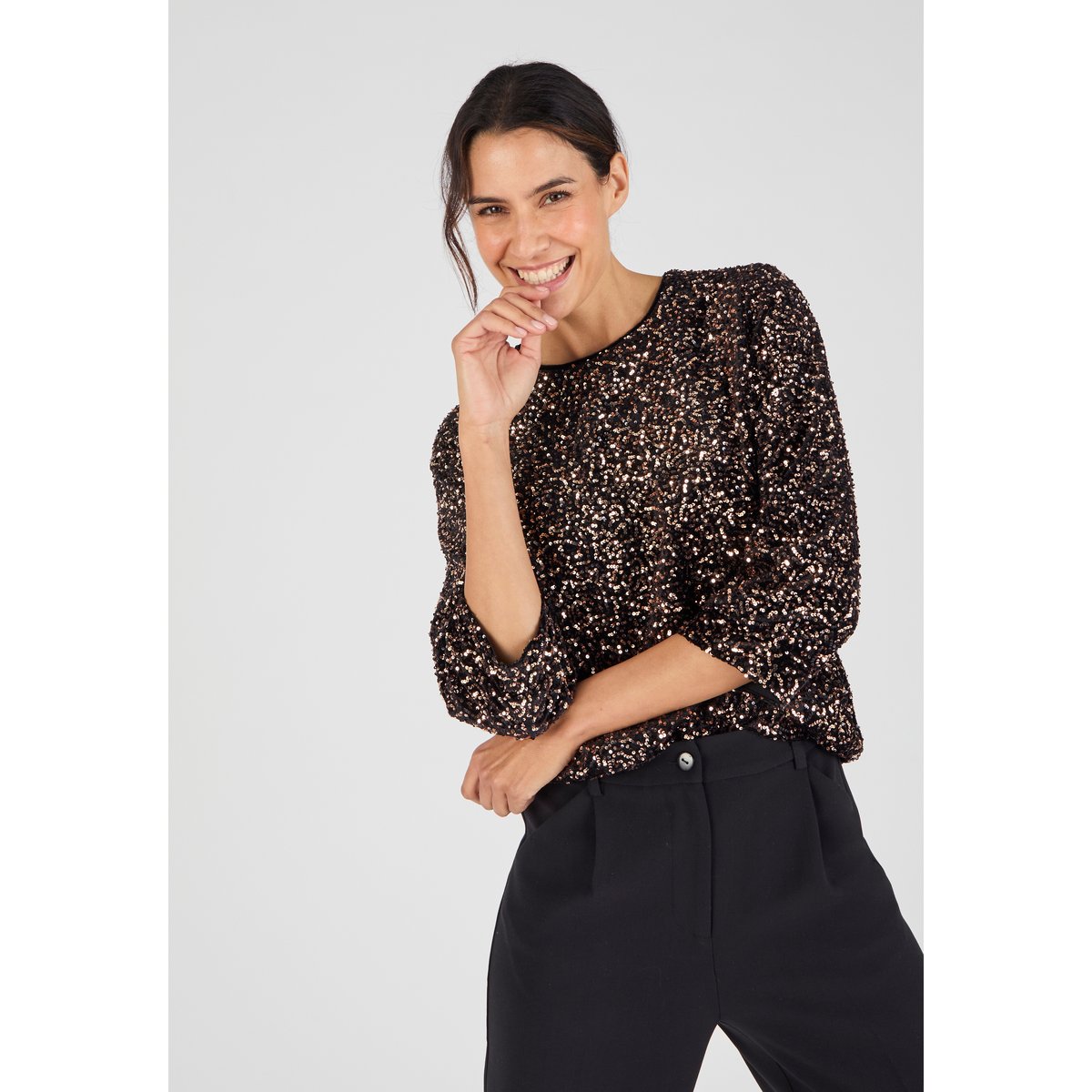 Blouse à sequins marron noir, DAMART
