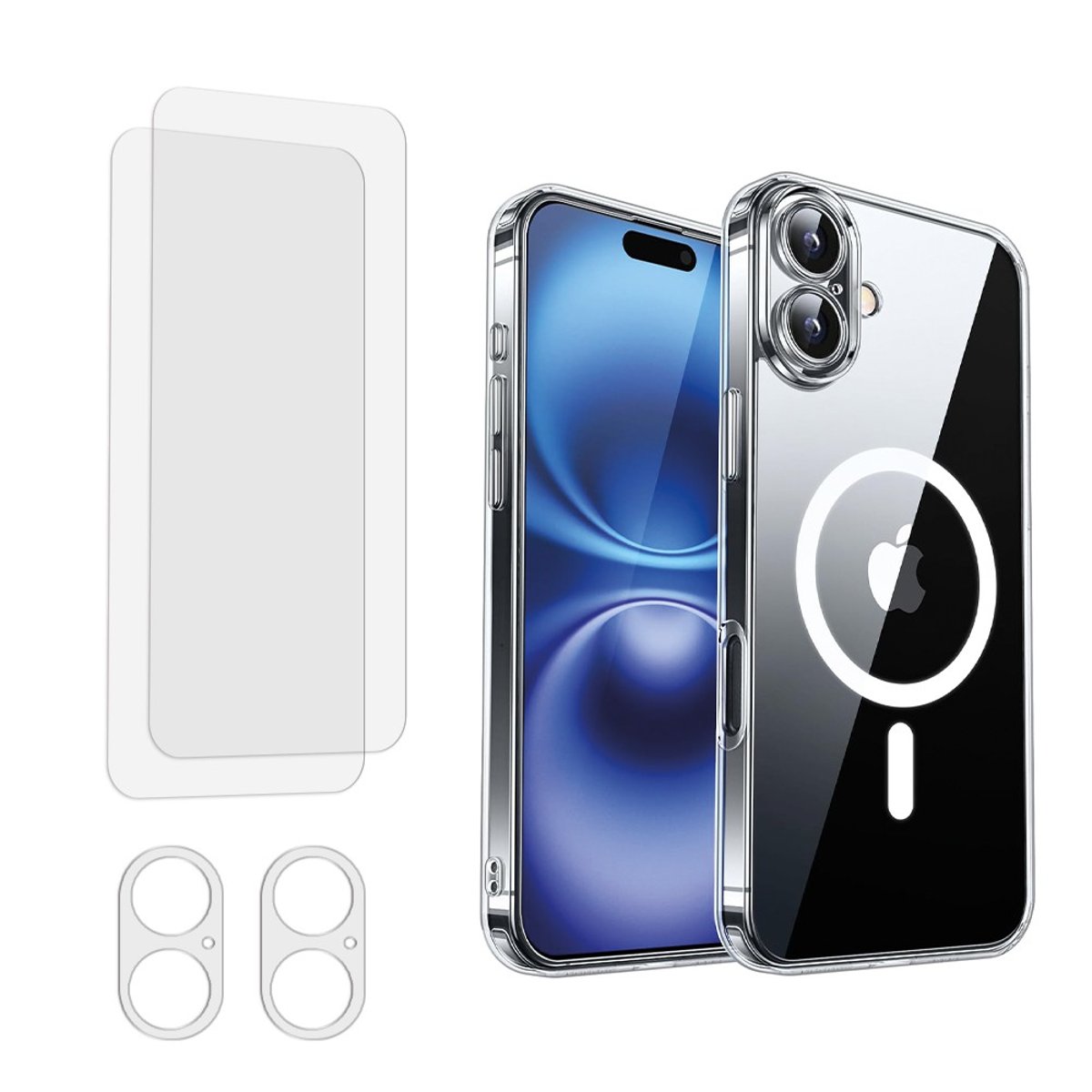 Coque Anti-choc compatible Magsafe pour iPhone 16 Plus Transparente + 2 protections écran et 2 protections objectif caméra transparent, EVETANE
