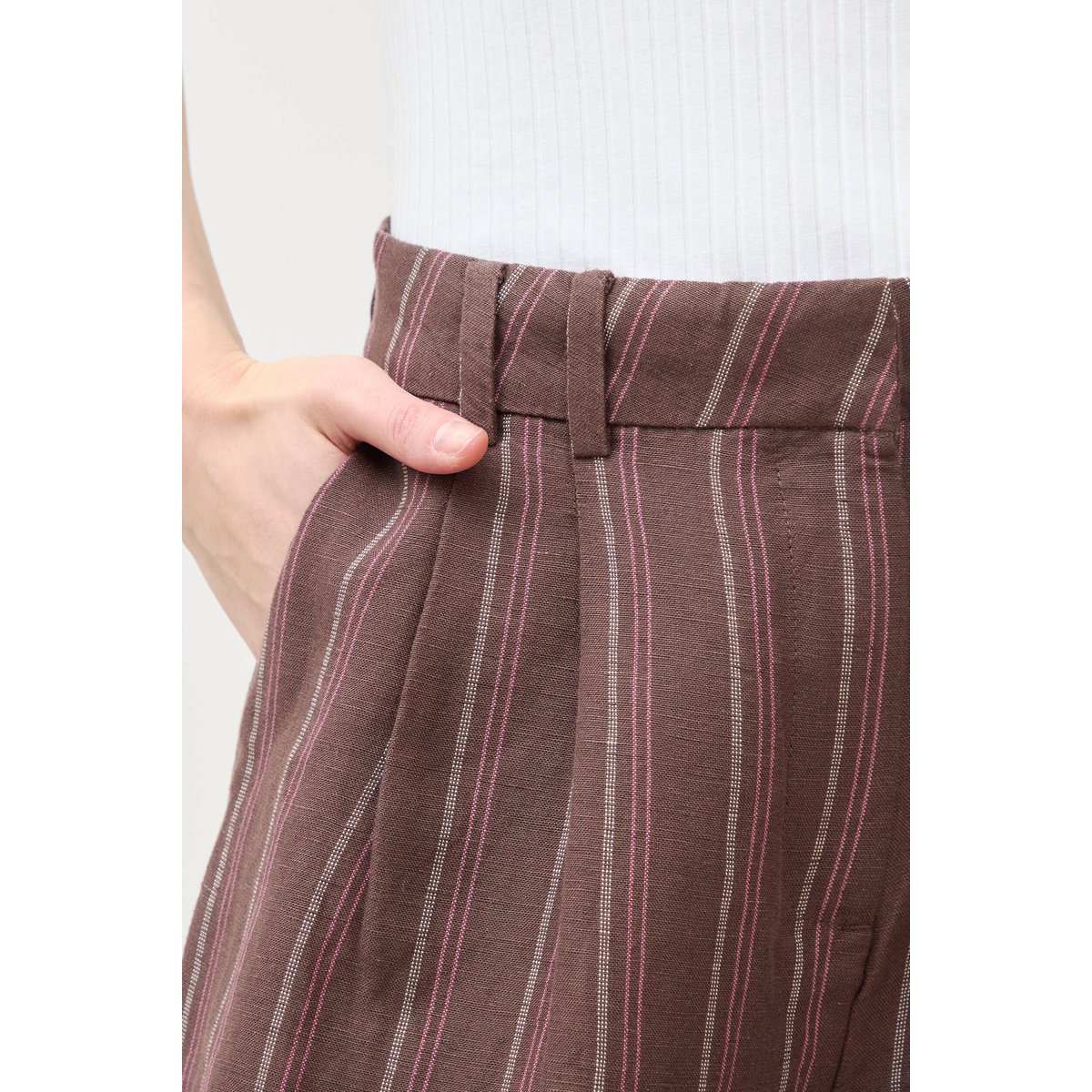 Pantalon large taille haute rayé marron chocolat, BONOBO