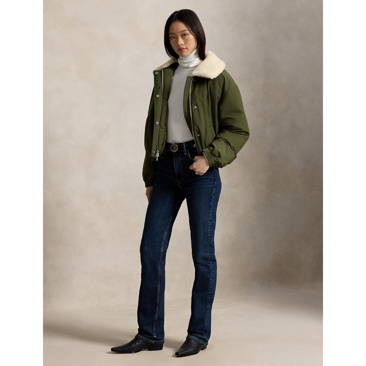Blouson doudoune court, à col en sherpa kaki olive, POLO RALPH LAUREN