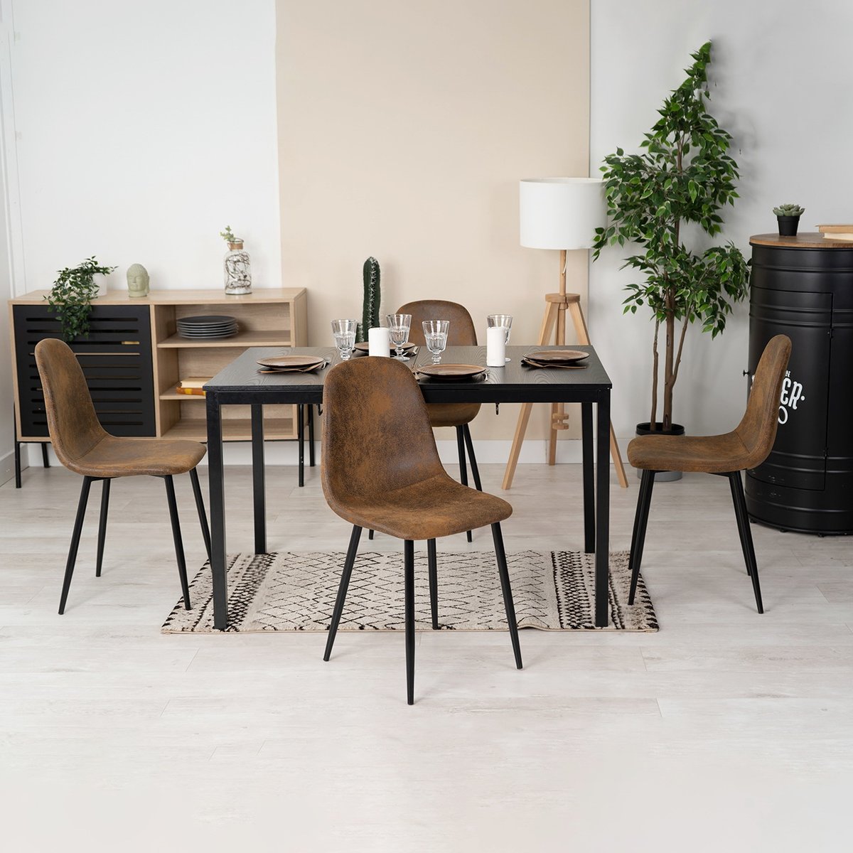 Ensemble de table à manger extensible à allonge avec 4 chaises, BARI4PCSSET marron, MEUBLES COSY