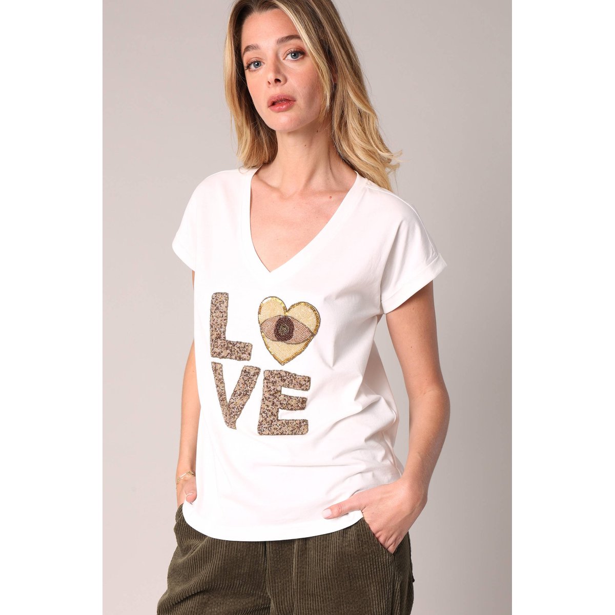 T-shirt femme avec broderie perle love MYKAMORE off white, DEELUXE