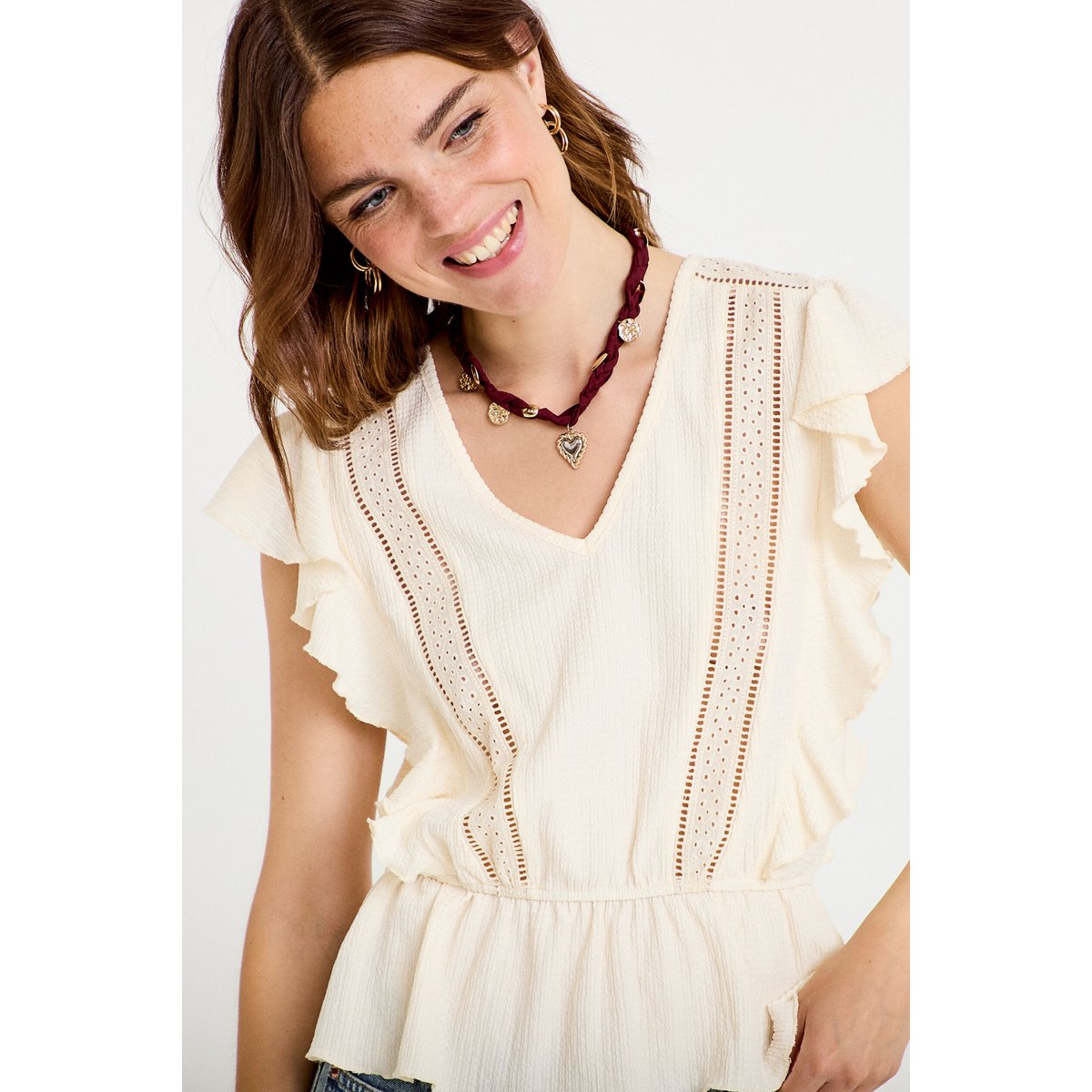 Blouse col rond manches courtes dentelle ecru, CACHE CACHE