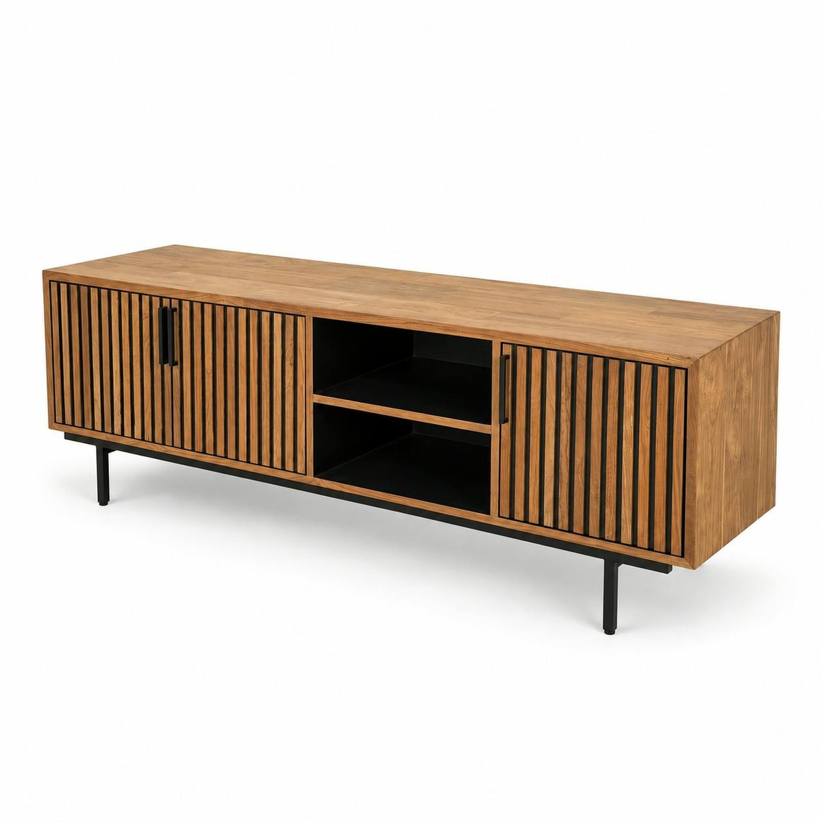 Meuble TV 3 portes 2 niches teck recyclé FANO bois naturel, PIER IMPORT