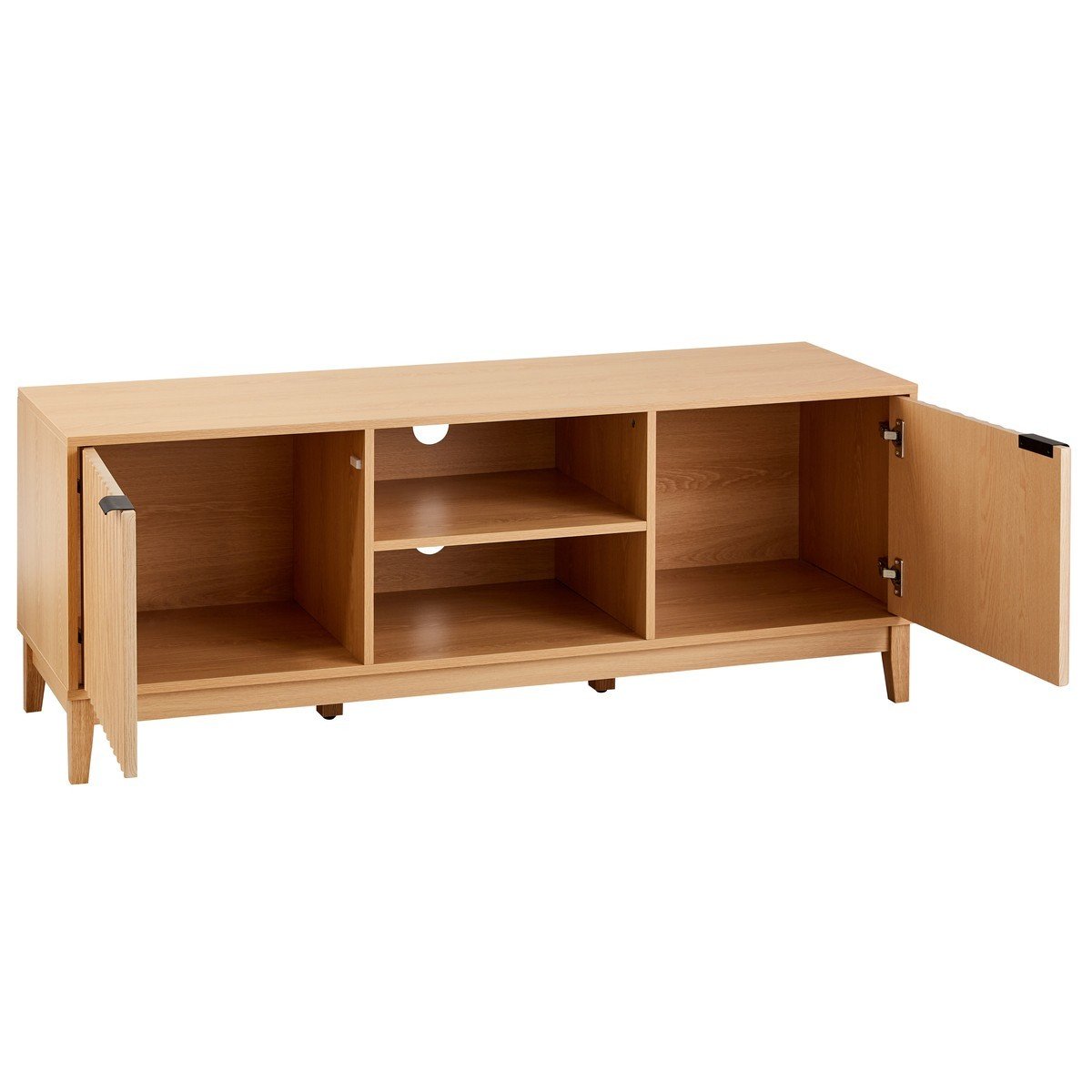 Meuble TV 2 niches et 2 portes aux façades effet vague L140 cm - BOLOGNE bois clair, CALICOSY