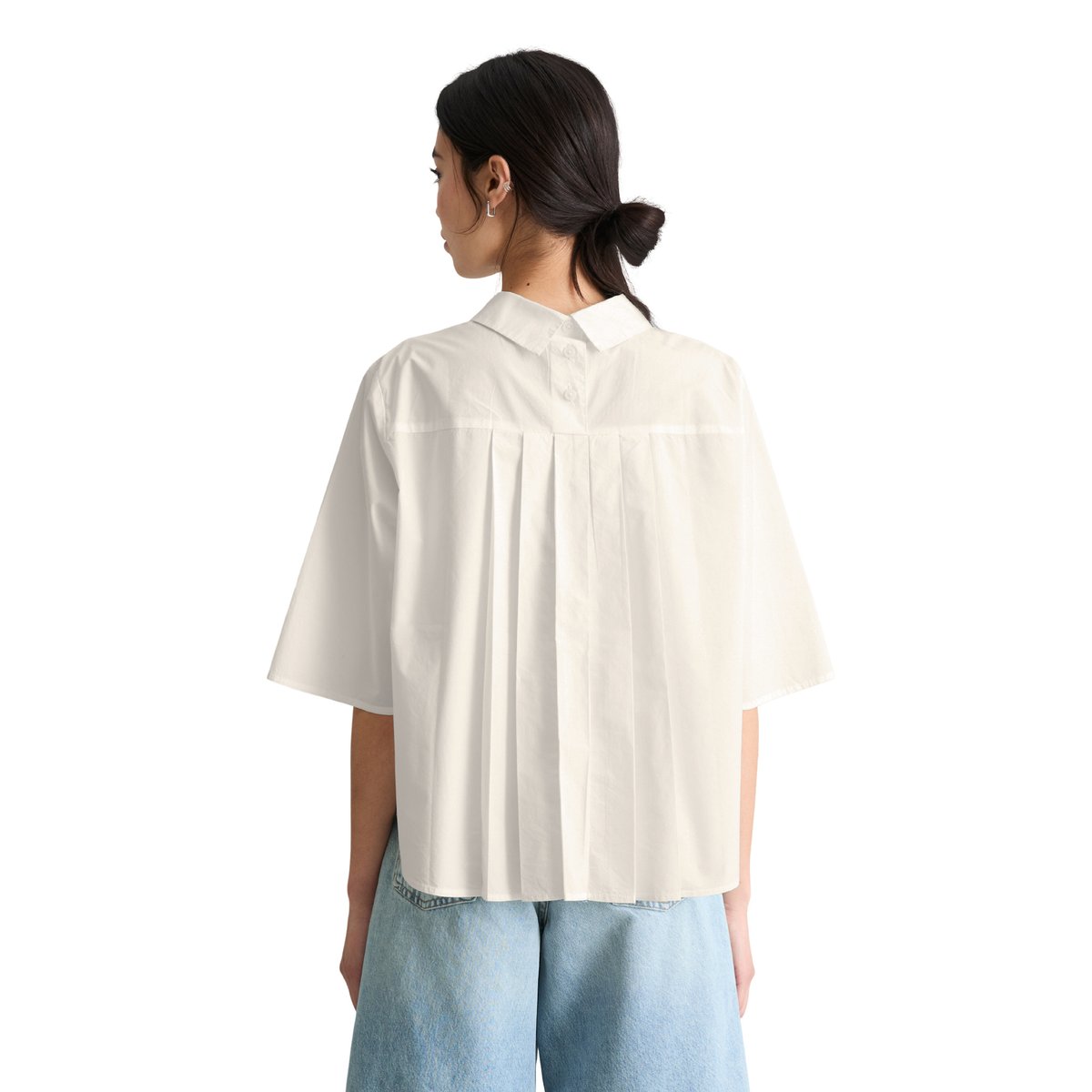 Blouse popeline à manches courtes regular avec détail de plis dans le dos blanc, MARC O’POLO DENIM