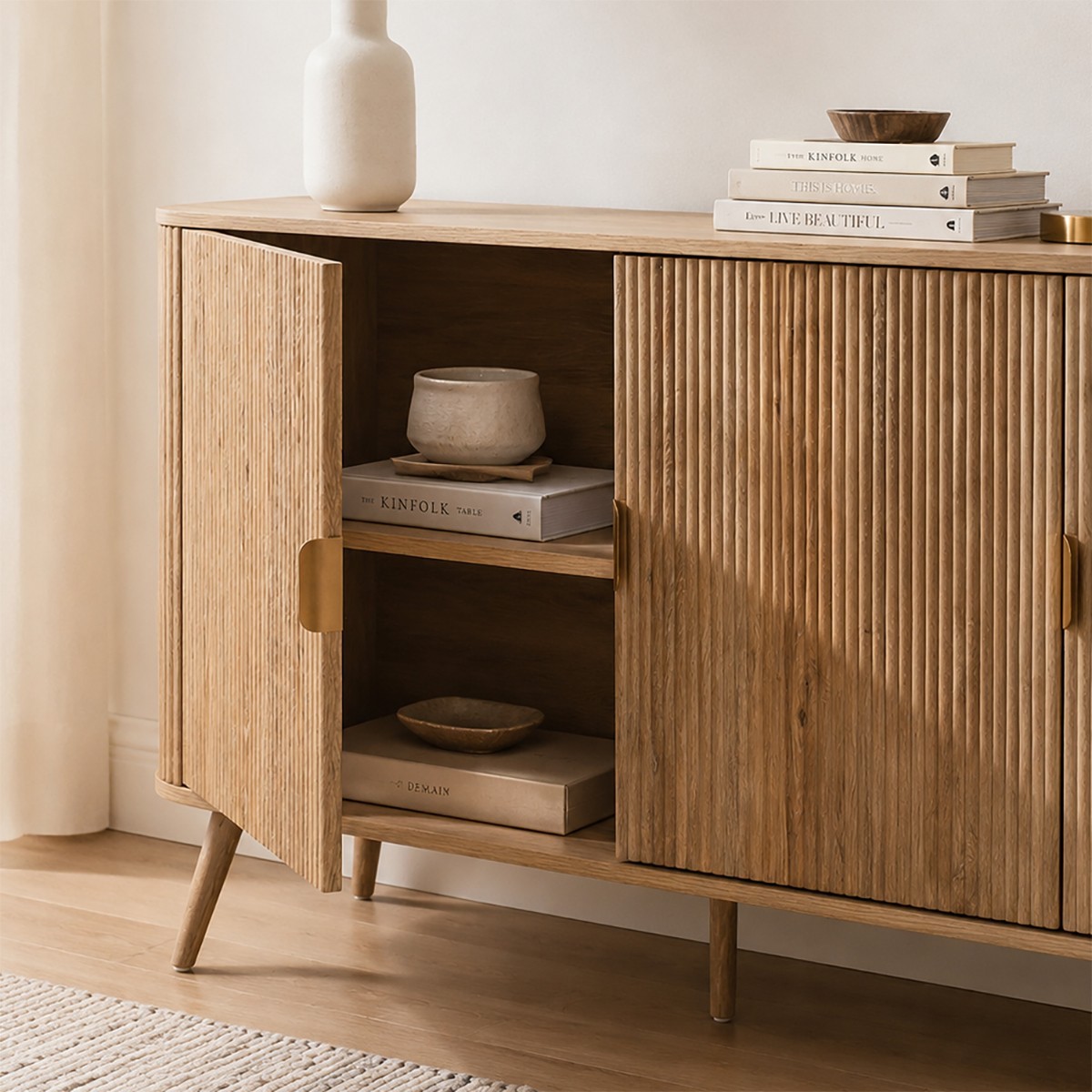 Buffet 3 portes arrondi effet chêne - MAHO bois clair, CALICOSY