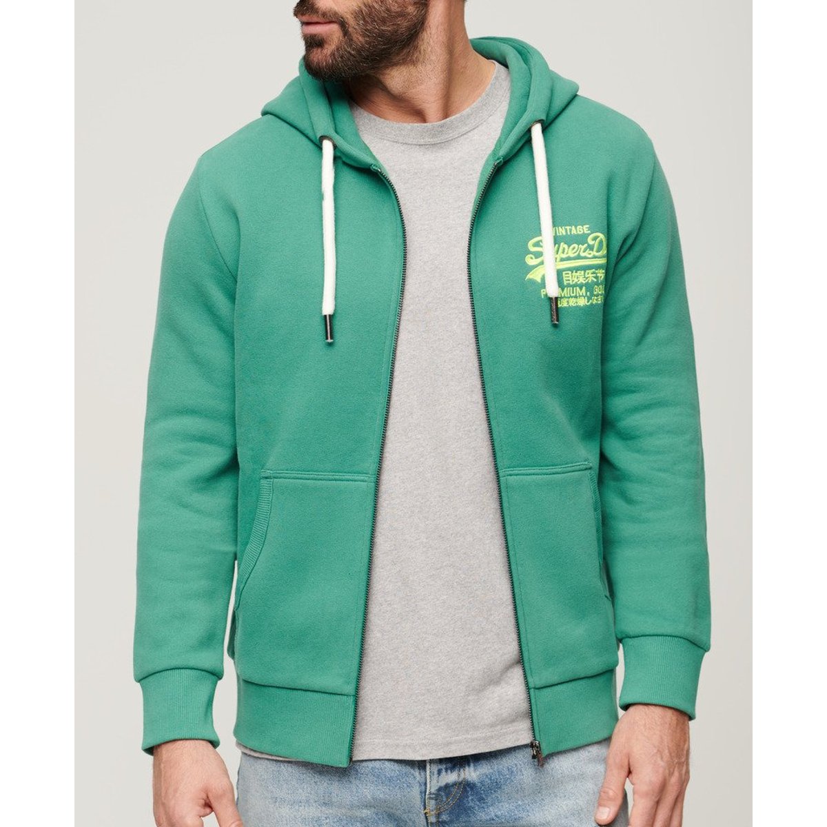 Sweat zippé à capuche avec logo vintage fluo vert galvanisé, SUPERDRY