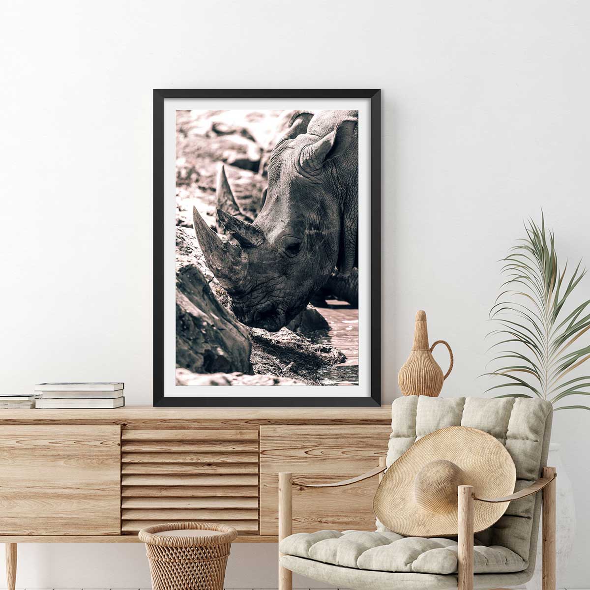 Affiche rhinoceros affiche + cadre en bois - noir, HEXOA