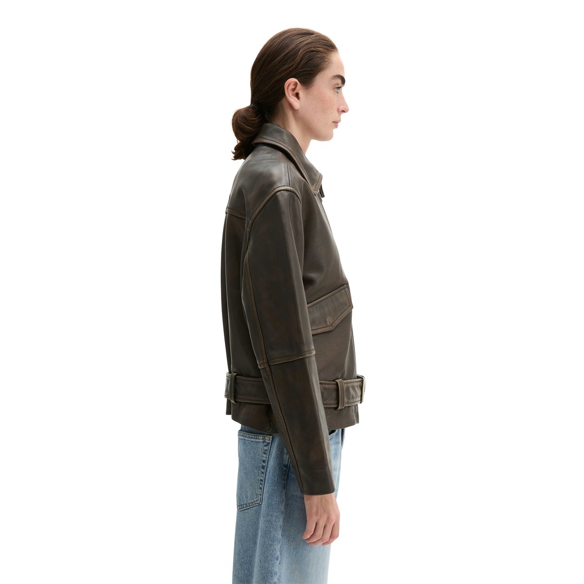 Veste en cuir relaxed en cuir d'agneau doux à l'aspect vintage marron foncé, MARC O'POLO