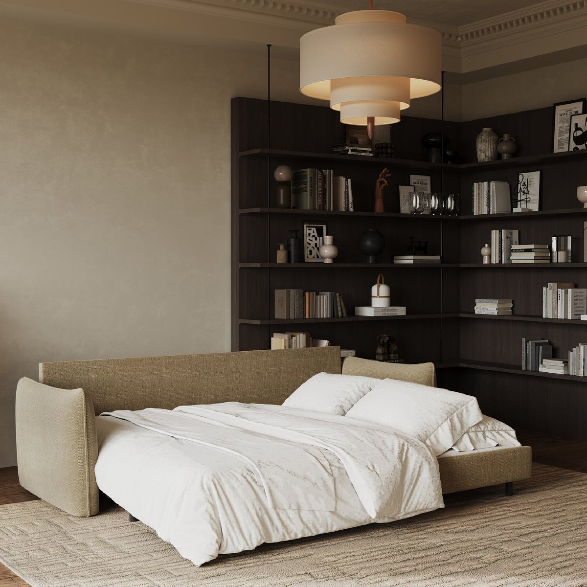 Canapé convertible 3 places en tissu tramé PLUME taupe, SIA HOME