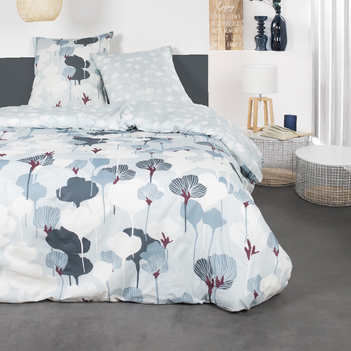 Parure de lit 2 personnes imprimé floral coton SUNSHINE FLAVI bleu, TODAY