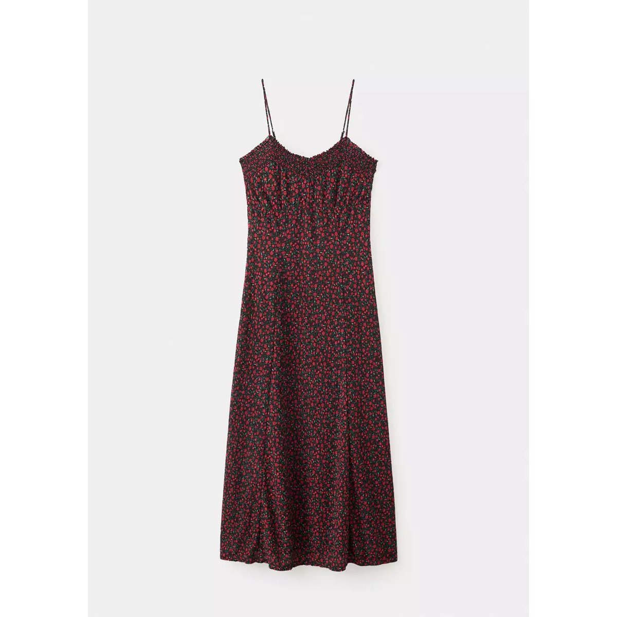 Robe midi à fleurs à décolleté froncé noir, MANGO