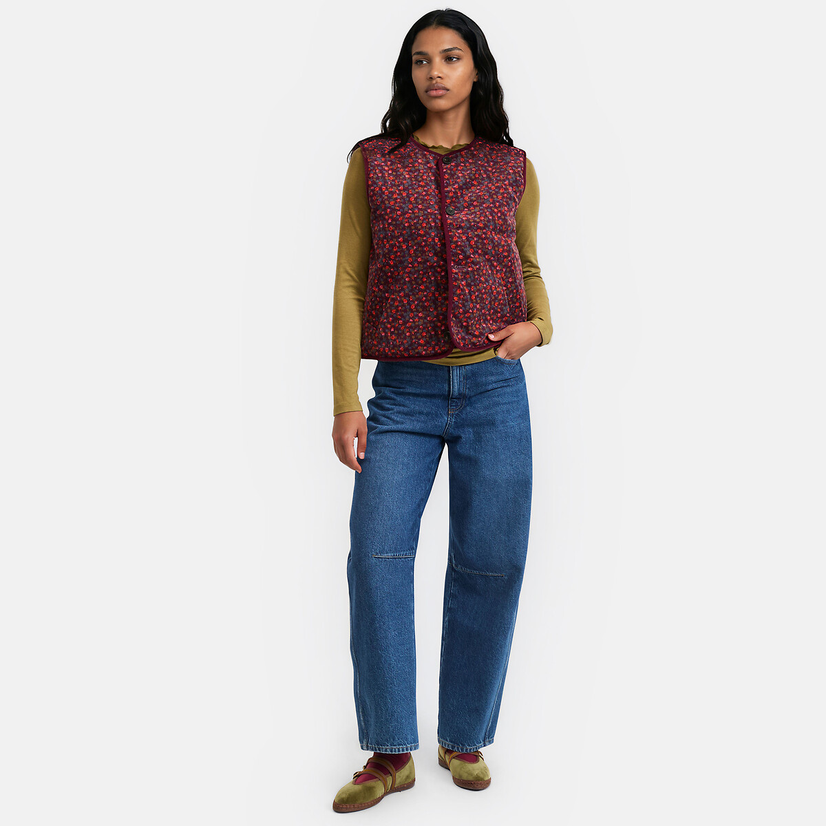 Veste sans manches en velours, imprimé floral, réversible imprimé fleurs fond marine, LA REDOUTE COLLECTIONS
