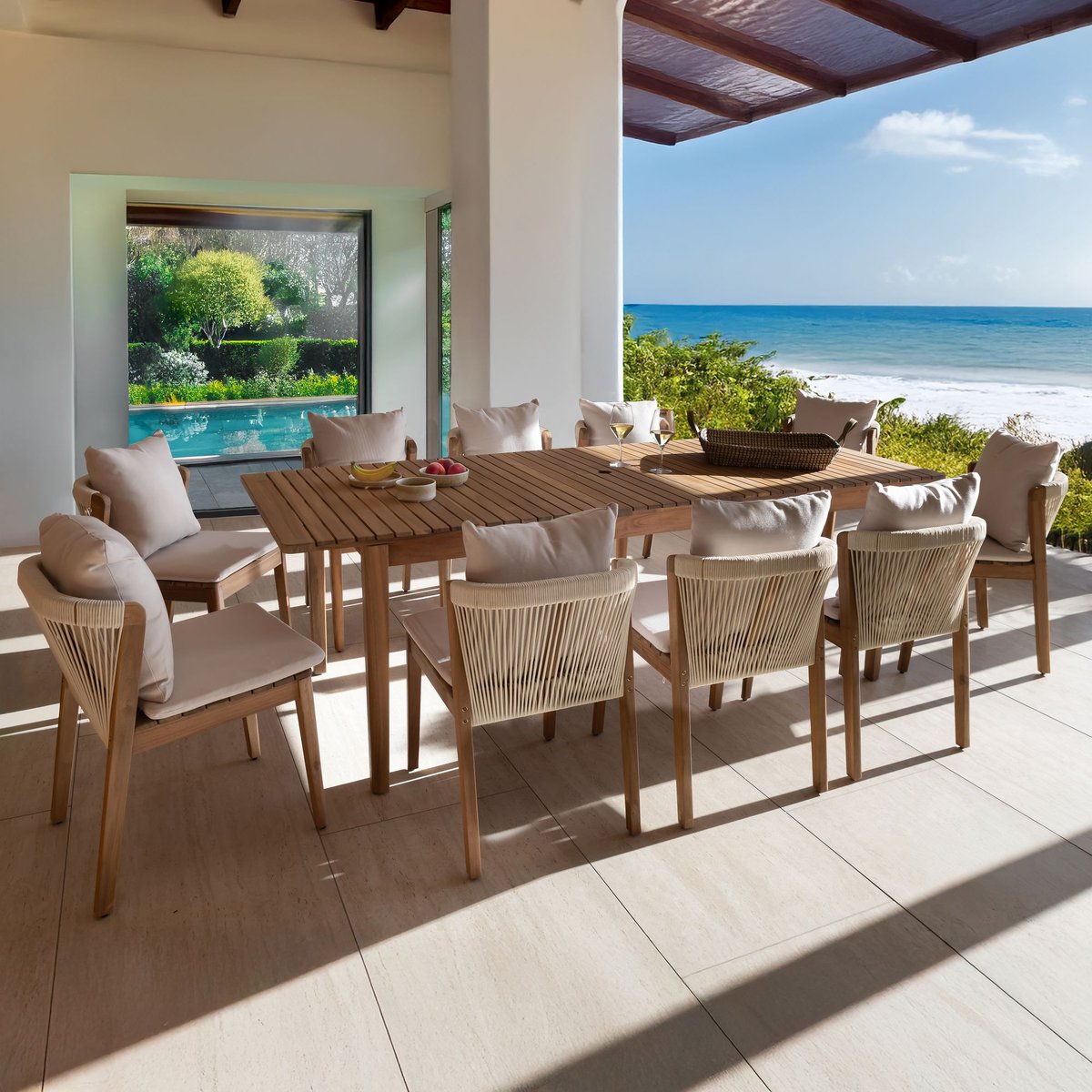Salon de jardin table et 10 chaises en acacia, FIDJI bois d'acacia, NOW'S HOME