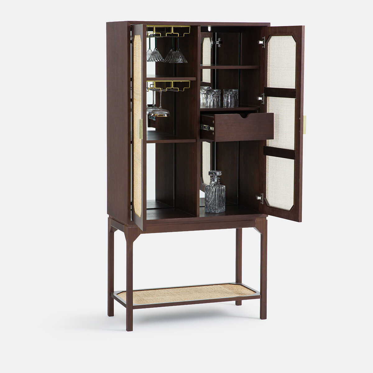 Mobile bar in impiallacciato di noce e paglia di Vienna in rattan, JADOU noce, LA REDOUTE INTERIEURS