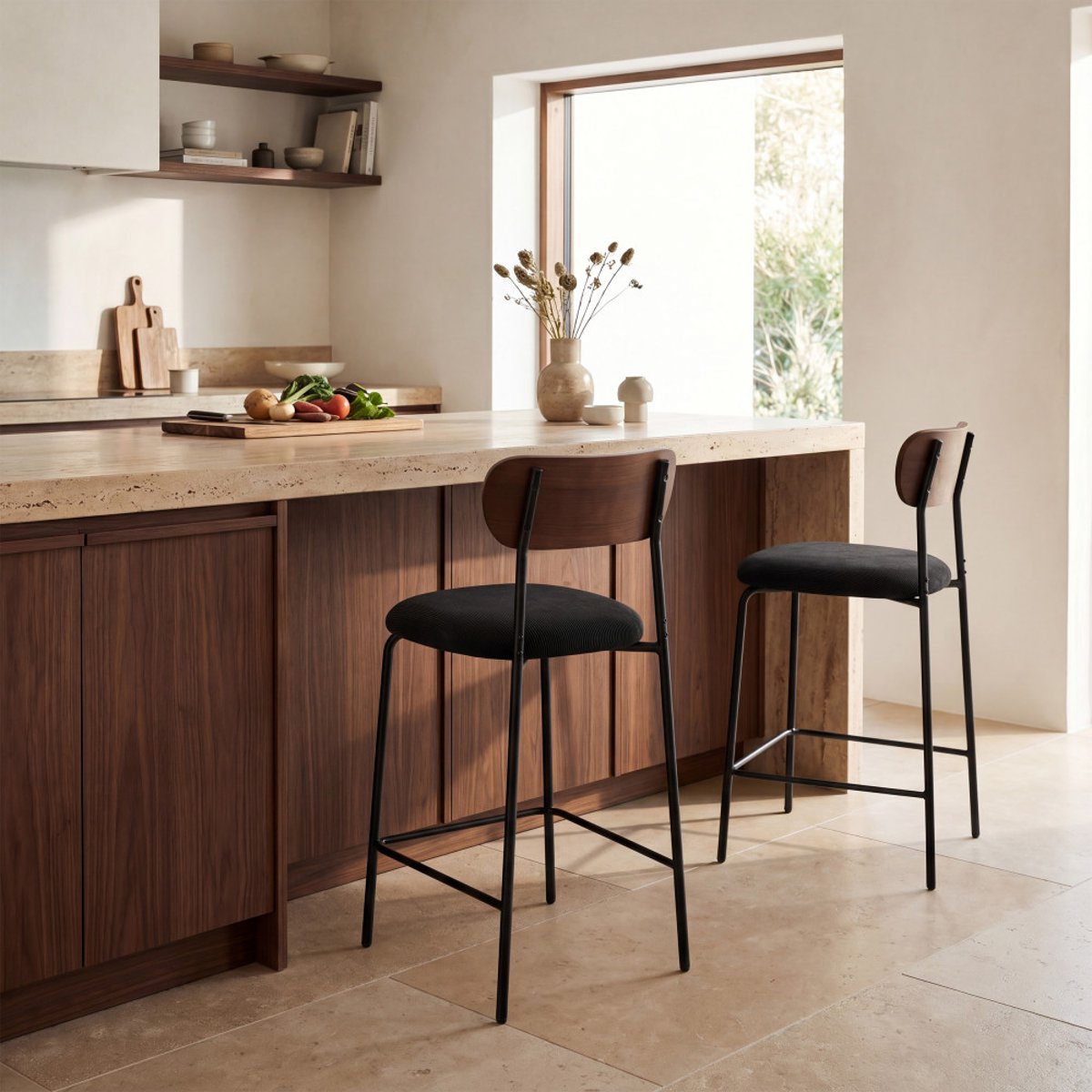 Lot de 2 chaises de bar bois foncé velours côtelé et métal H65cm- JESS noir, DRAWER
