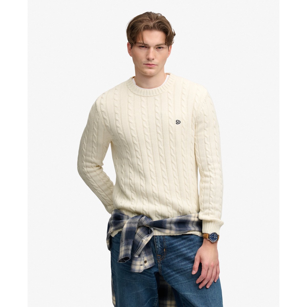 Pull Cable Knit Col Rond Coupe Décontractée écru, SUPERDRY