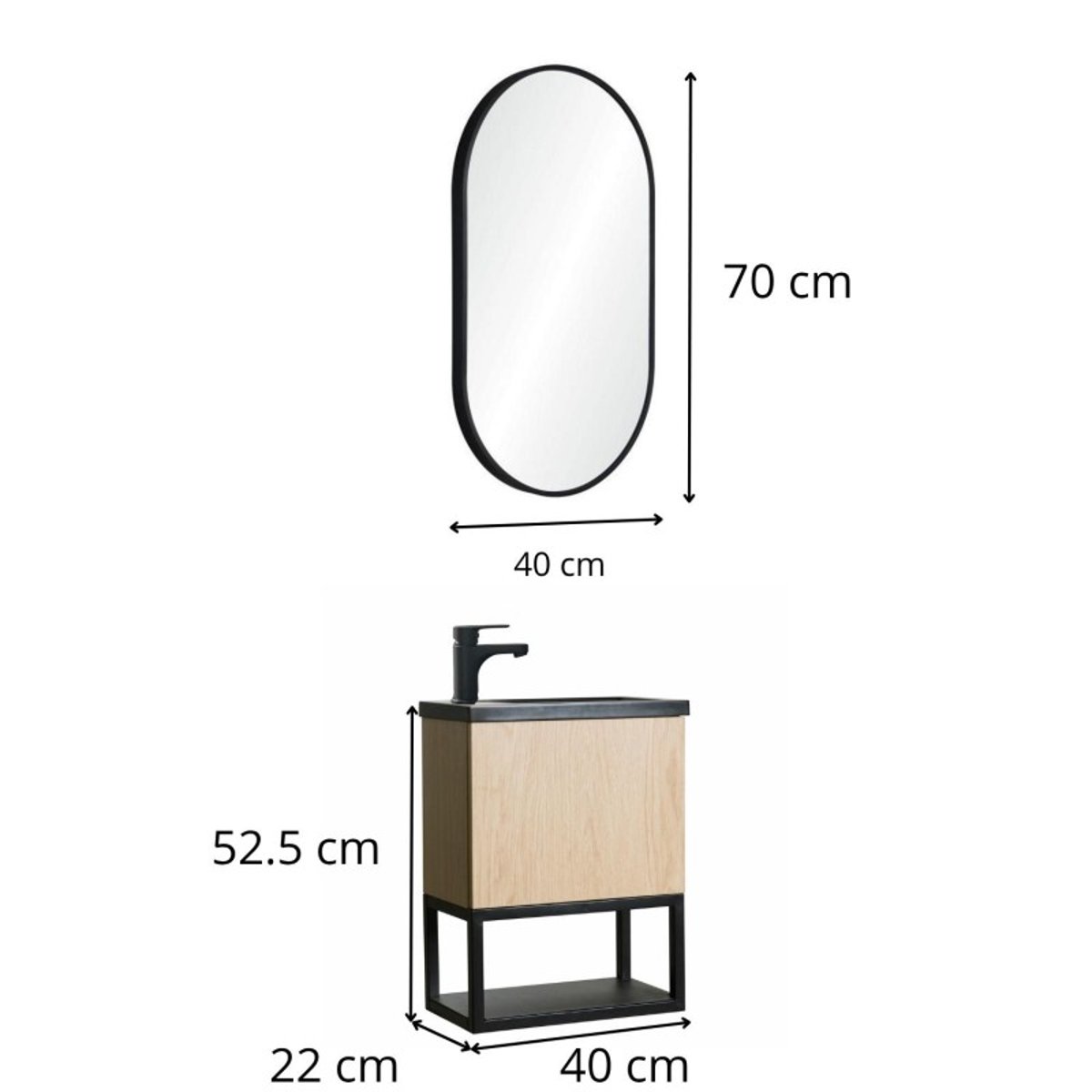 Ensemble lave-mains métal et bois avec miroir ovale NOVA chêne et noir, MOB IN