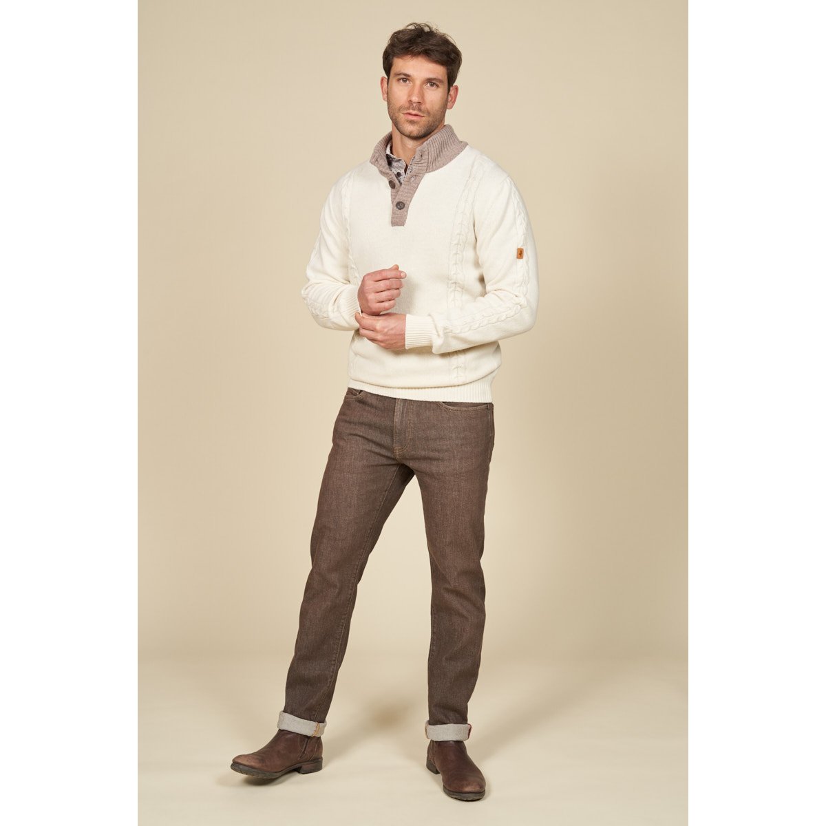 Pull col montant boutonné et torsades ecru, MCS