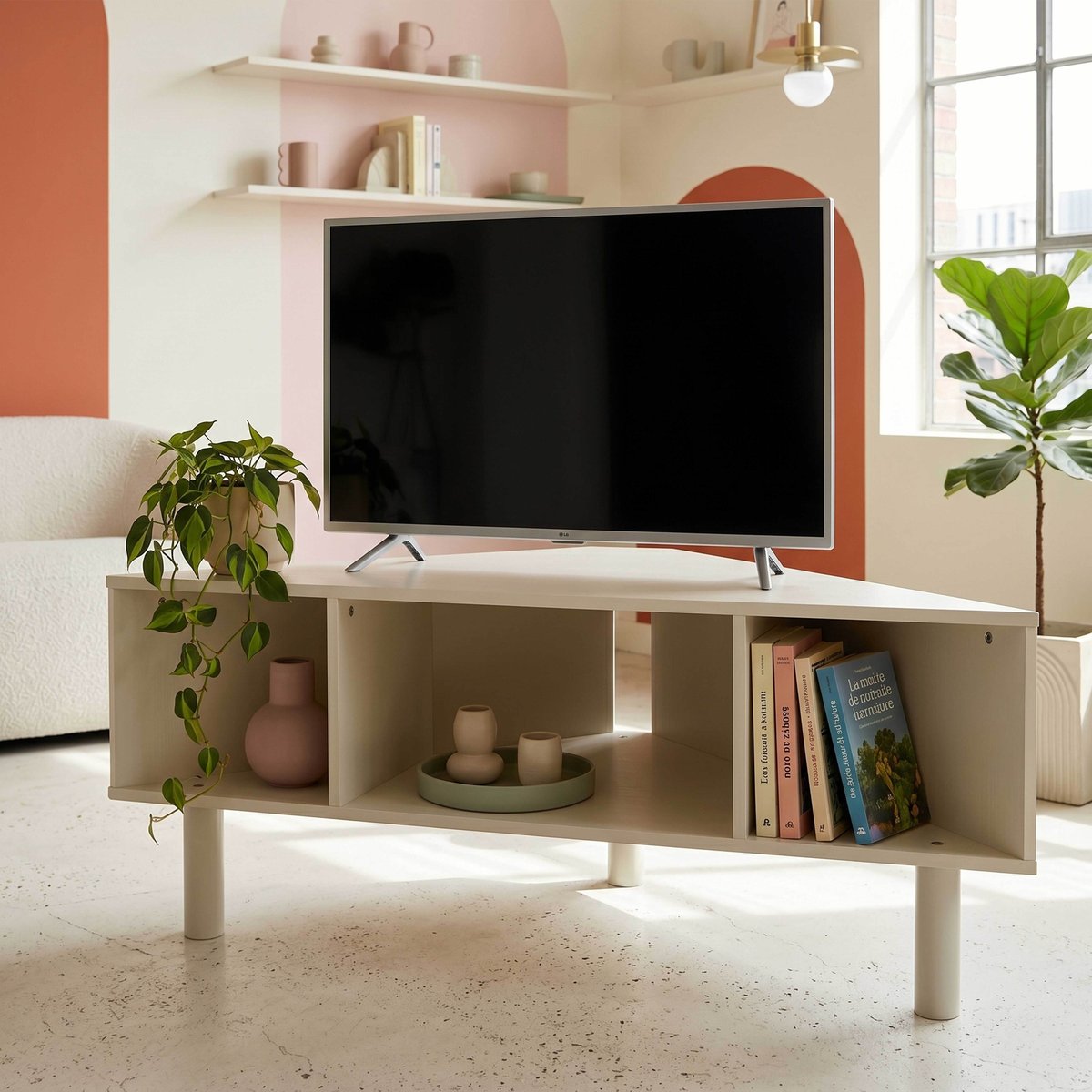 Meuble TV d'angle coloré 120 cm, BRADY crème, OVIALA