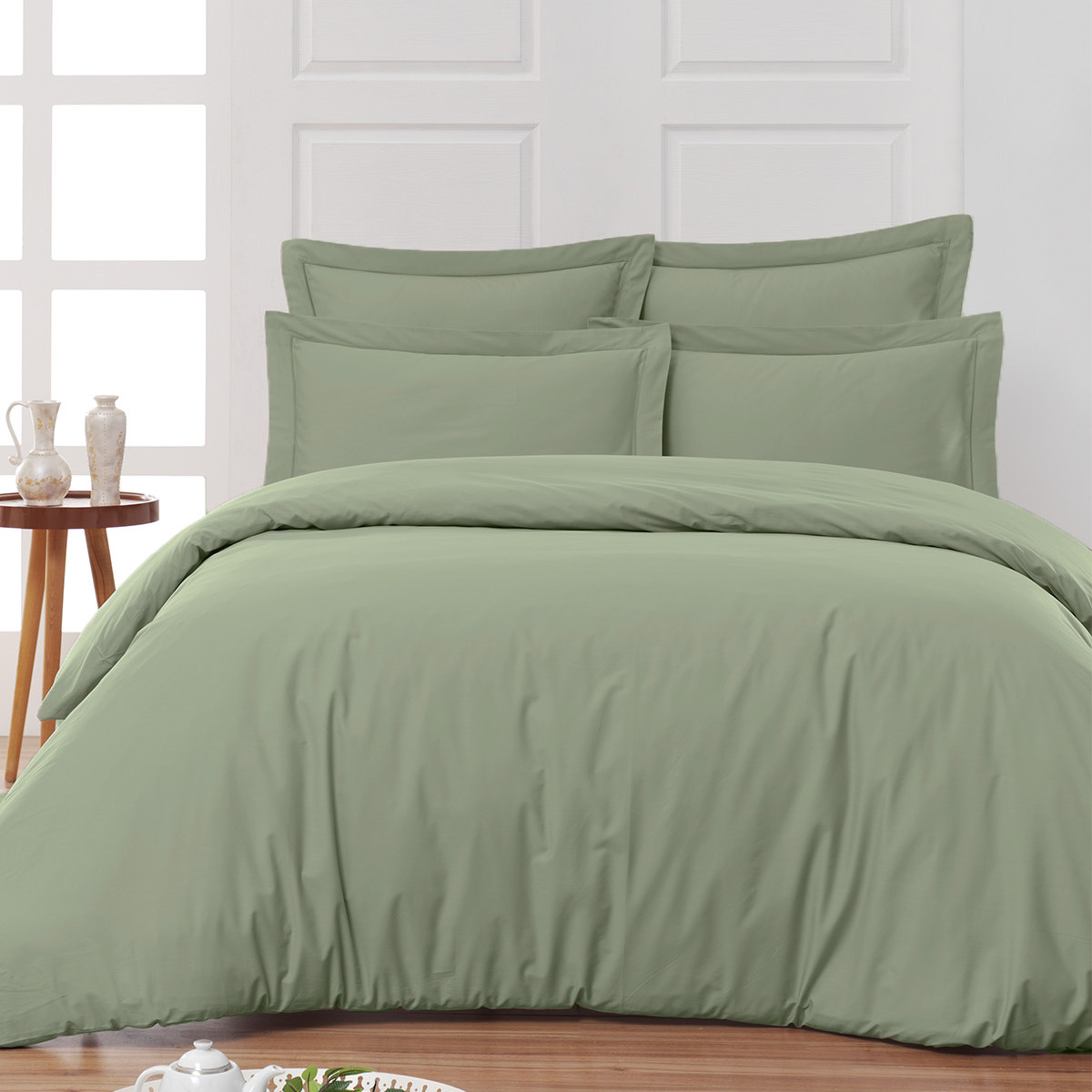 Drap housse en percale de coton bonnet 30 cm SOFT PERCALE sauge, SENSEI MAISON