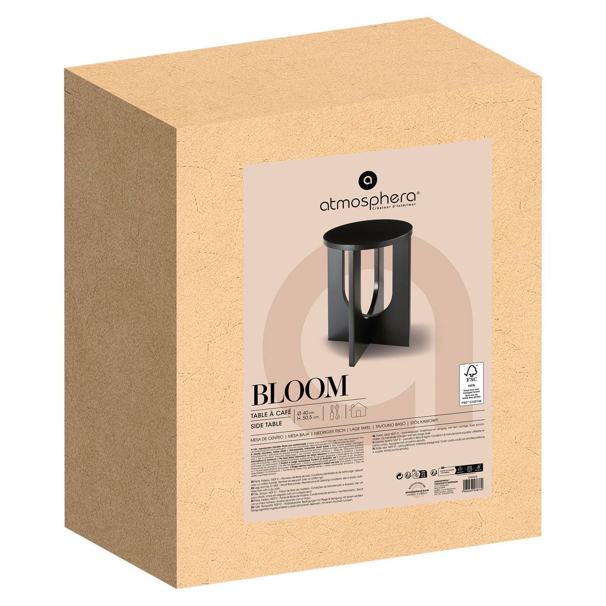 Table d’appoint piètement croisé en bois BLOOM noir, ATMOSPHERA