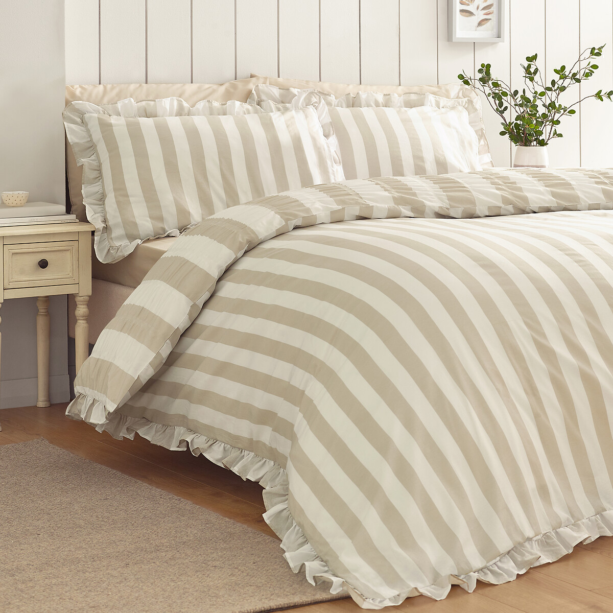 Seersucker Frill Stripe Duvet Cover And Pillowcase Set natural, CATHERINE LANSFIELD