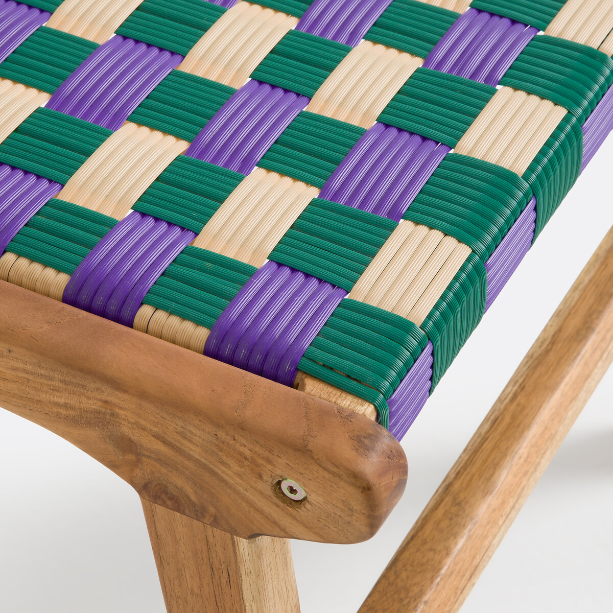 Tabouret en teck massif et résine tressée, BIANCA carreaux violet, LA REDOUTE INTERIEURS