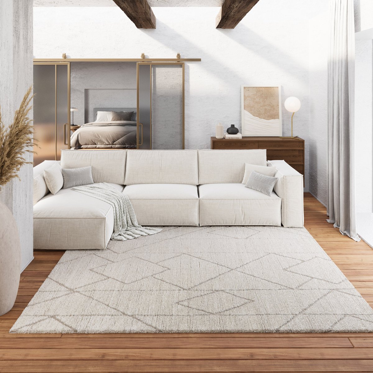 Tapis design à rayures à relief , Pelle beige crème, WECON HOME