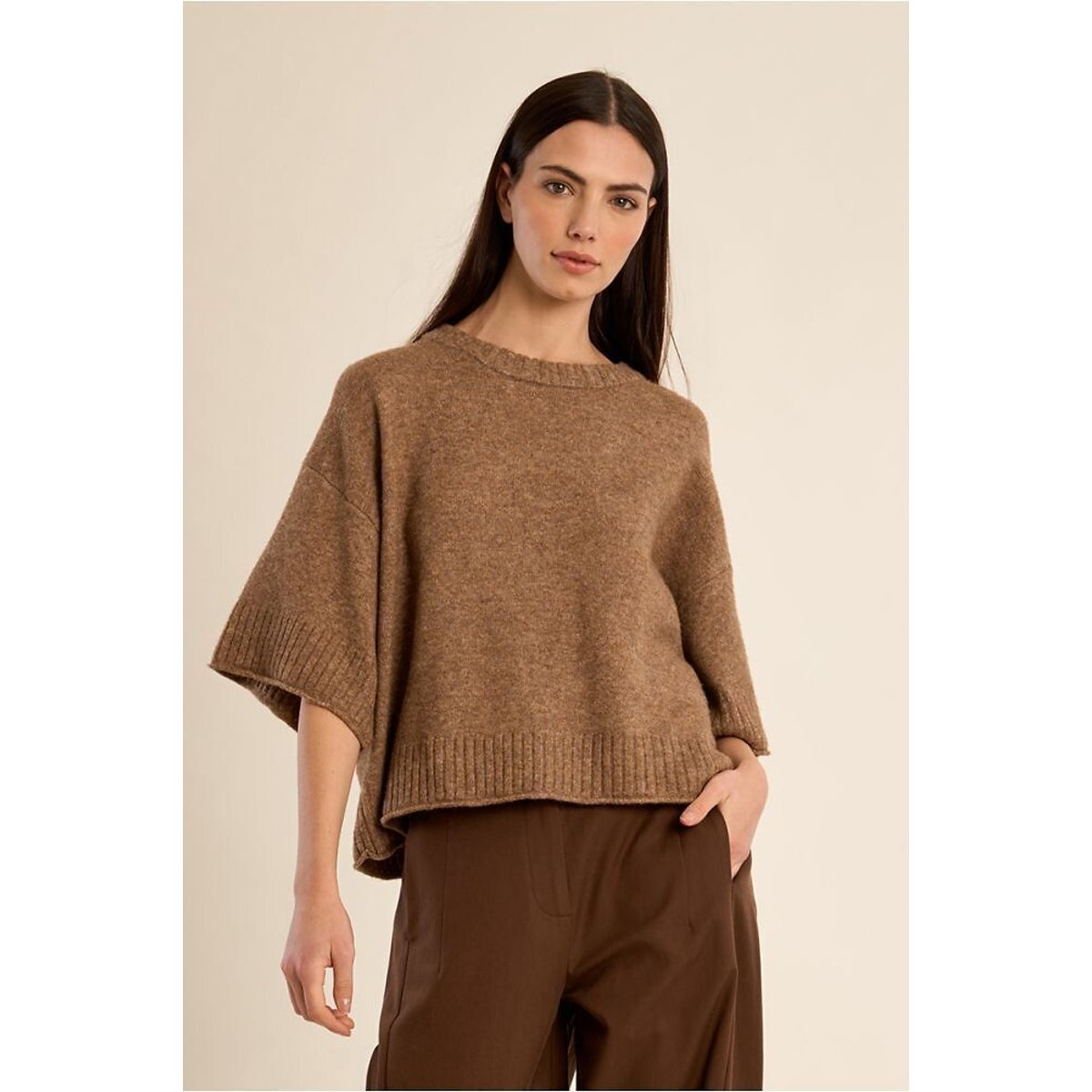 Camisola de gola redonda, mangas 3/4 camel, MOLLY BRACKEN