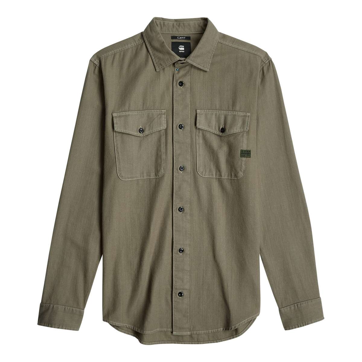 Chemise en coton bleu marine unie avec une coupe slim et un col à revers vert, G-Star RAW