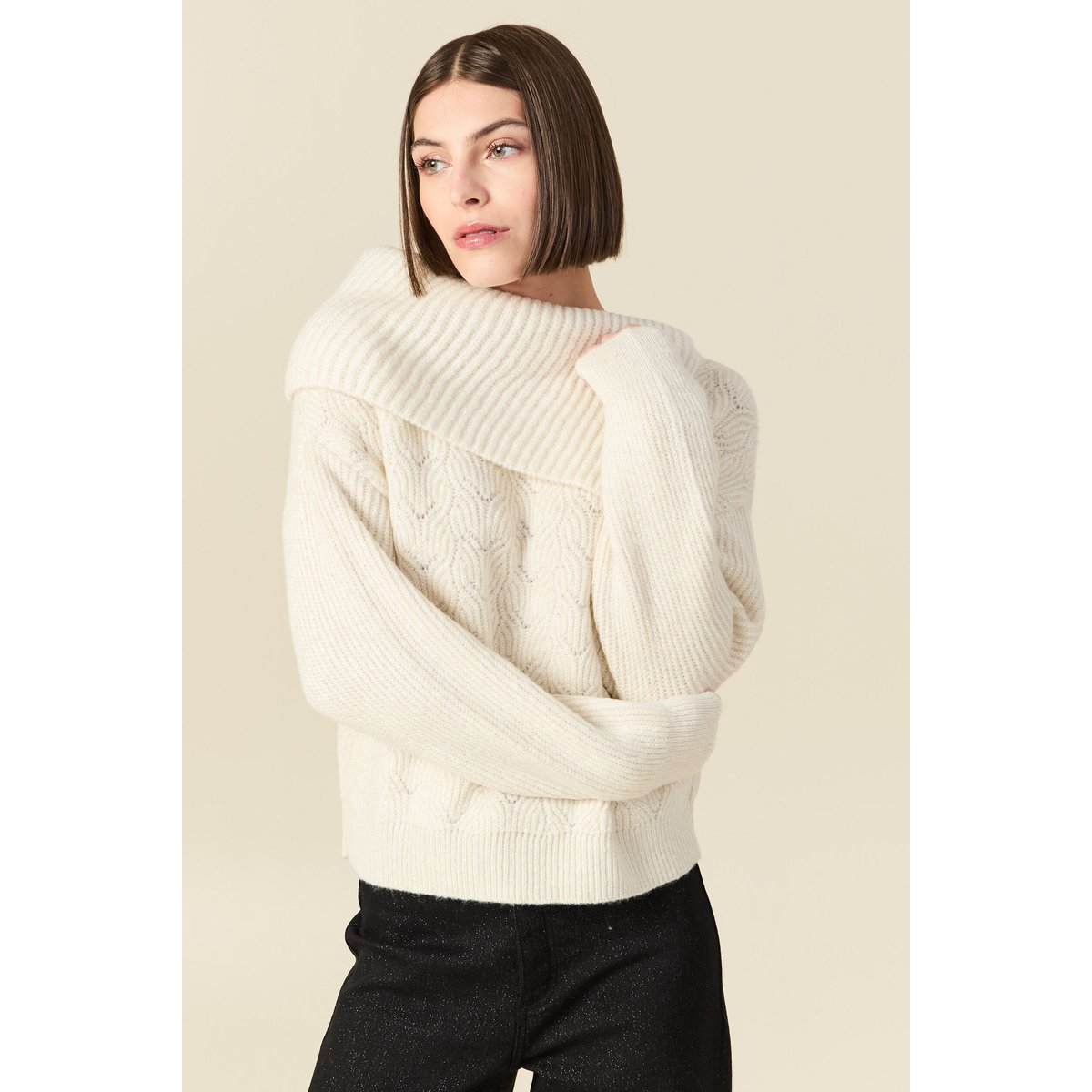 Pull ajouré manches longues bardot ecru, BONOBO
