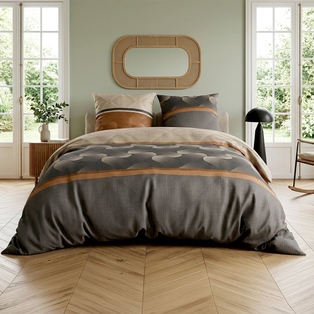 Parure imprimée avec housse de couette et taie(s) en coton, Jaspe marron, ATELIER DU COTON