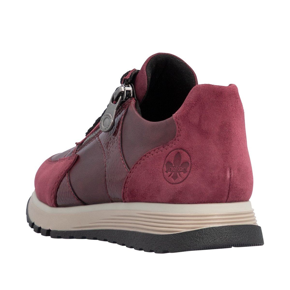Baskets running en cuir bordeaux à talon plat avec lacets et zip latéral rouge foncé, RIEKER
