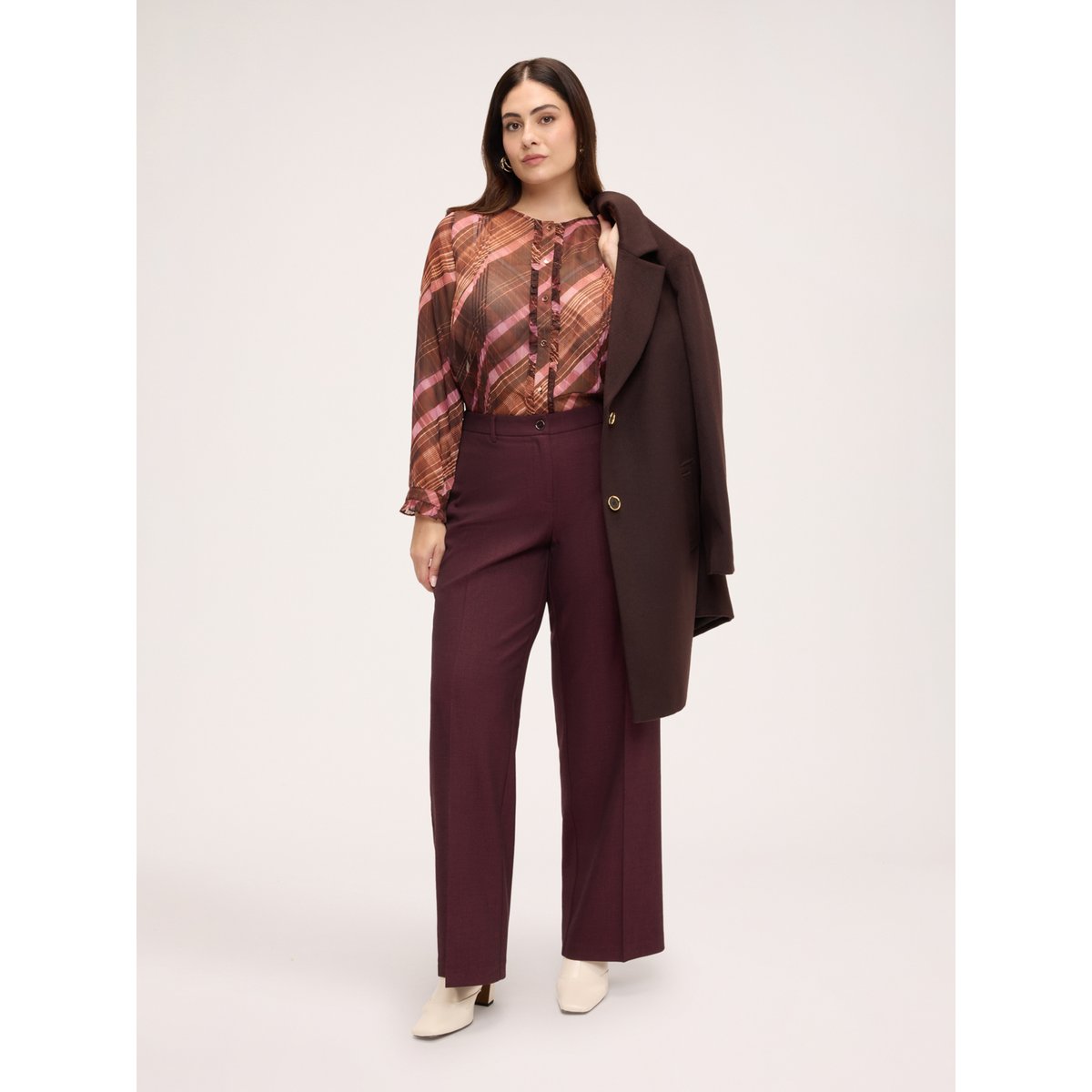 Chemise à imprimé carreaux avec volants marron, FIORELLA RUBINO