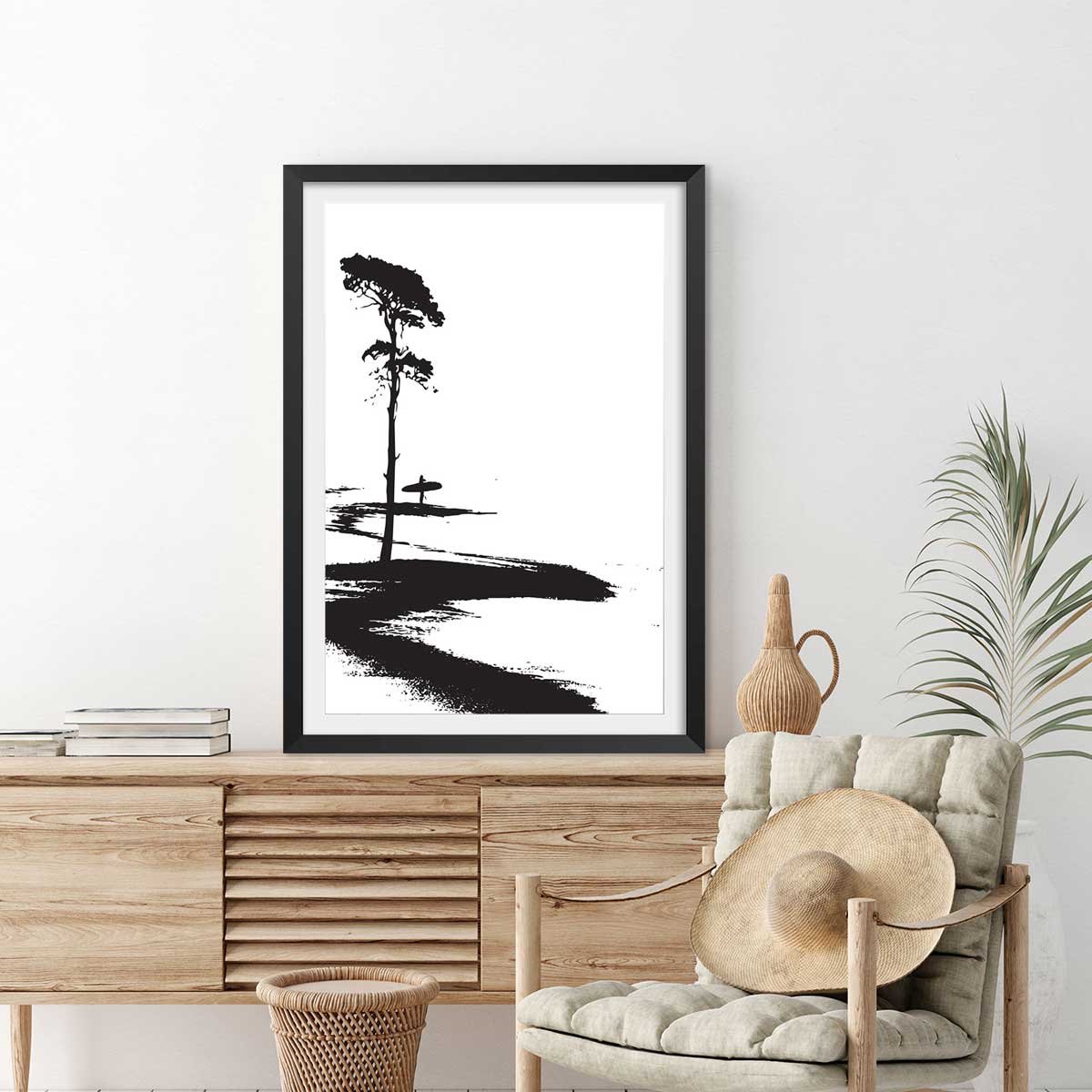 Poster surfing les landes affiche + cadre en bois - noir, HEXOA