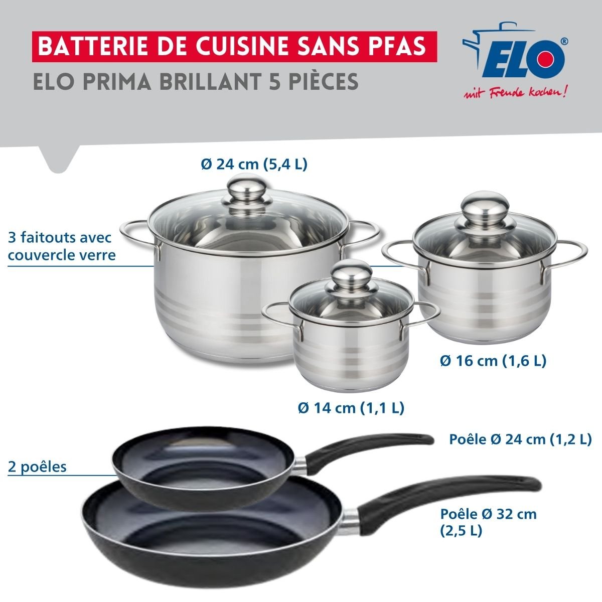 Batterie 2 poêles 24/32cm + 3 faitouts 14/16/24cm PRIMA BRILLANT noir, ELO