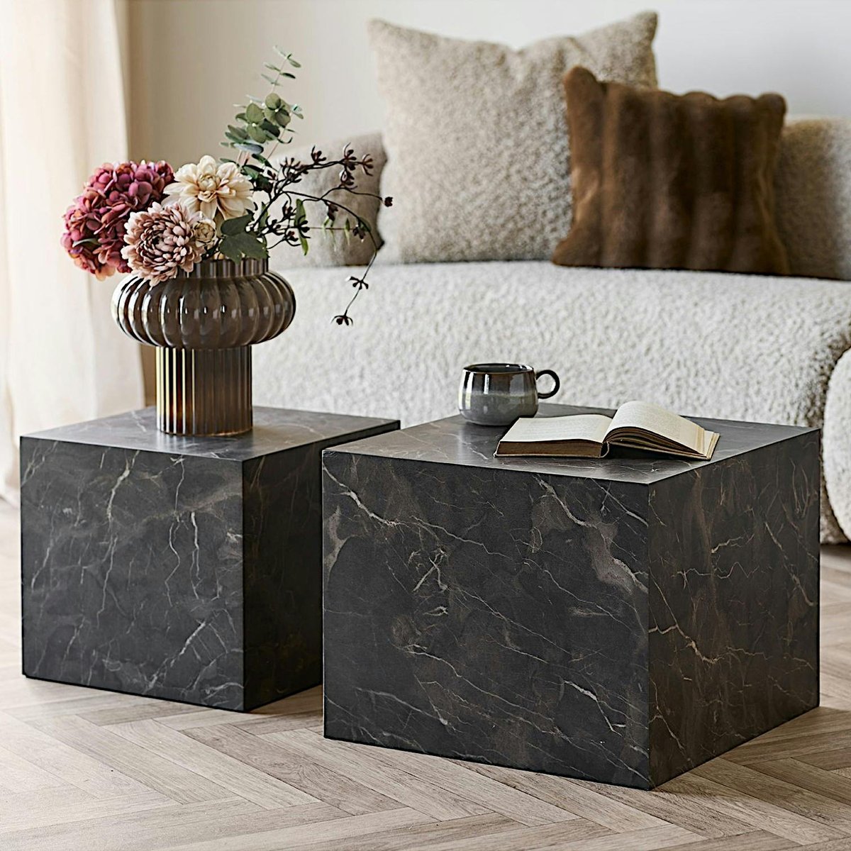 Table basse cube design effet marbre brun (lot de 2) TORANO marron, PIER IMPORT