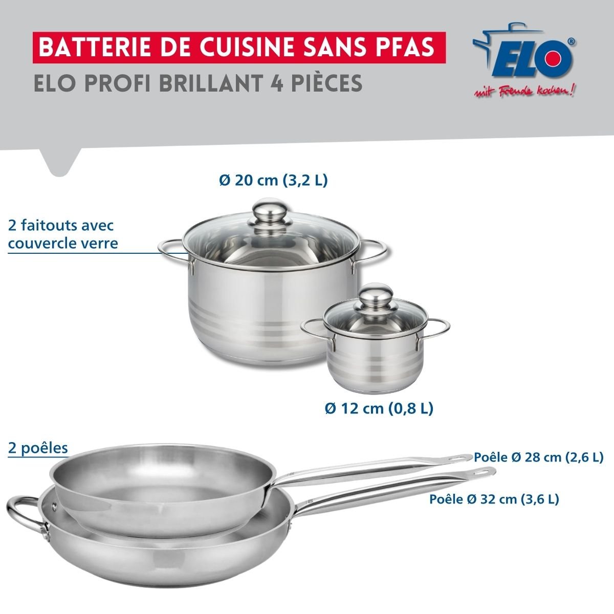 Batterie 2 poêles 28/32cm + 2 faitouts 12/20cm PROFI BRILLANT inox, ELO