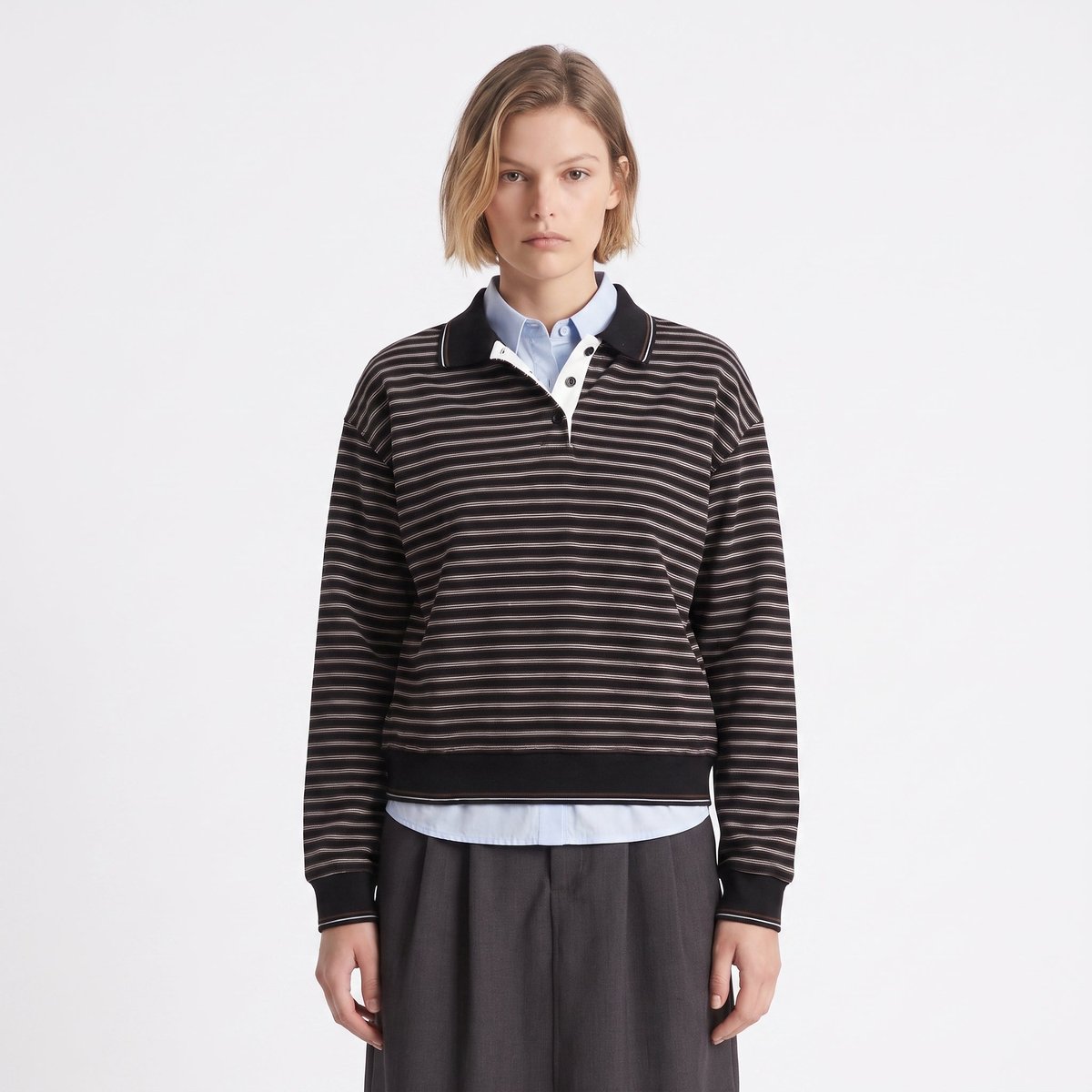 Sweat col polo boutonné rayé manches longues TEMELIA black, ARTLOVE