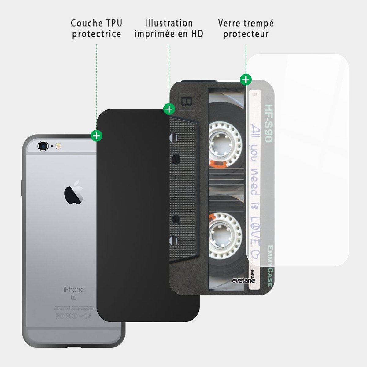 Coque en verre trempé iPhone 6 Plus / 6S Plus cassette, EVETANE