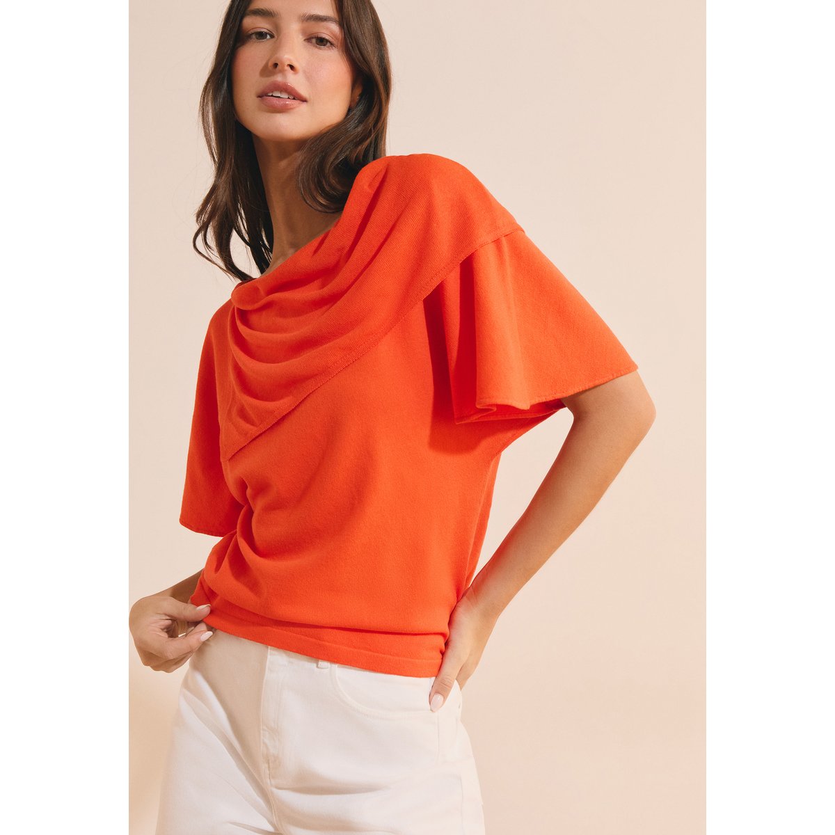 T-shirt manches courtes drapé SIMONA PULL orange, ETAM